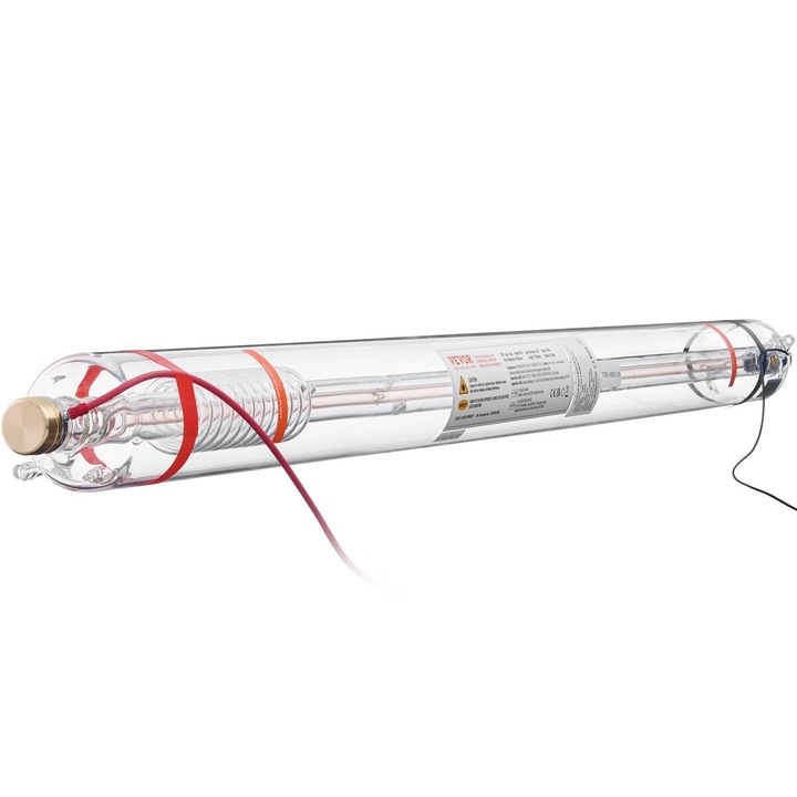 CO2 лазерна тръба 90W, VEVOR, 1250 мм, 80 мм, боросиликатно стъкло, метална глава