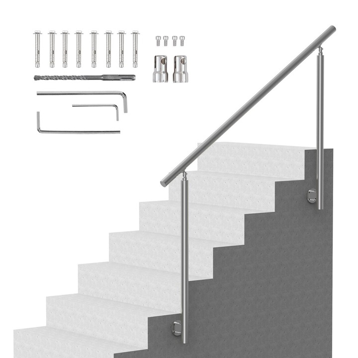 Balustrada exterioara pentru trepte, VEVOR, 149.9 cm, inox, 5.9x3.4x39.4 inch, argintie