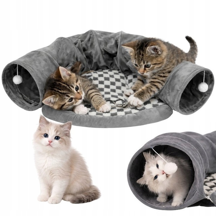 Culcus tunel pentru pisici, Ecarla, gri, 57x48cm, cu perna si pomponi