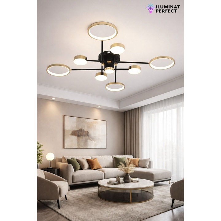 Lustra LED Laura 154 W, Cu Telecomanda, Dimabila, Lumina Rece, Neutra, Calda, Negru, Auriu, 101x101x17 Cm