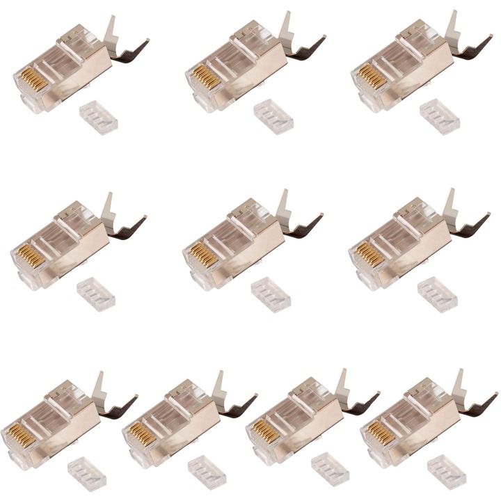 Set 10buc Mufa RJ45 ecranata, fire groase 23AWG, pini aurii, pentru cabluri cat6/6a/7