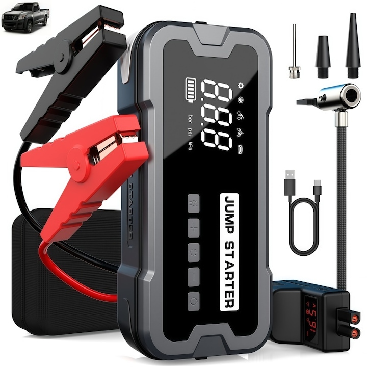 Starter Auto JUMPSTART, AjieQaQ®, 4 in 1, 4000A, 12V, Baterie 39800mAh Puternica, Compresor Aer si Power Bank, Ecran Digital, Lanterna LED 3 Moduri, Protectie Inteligenta, Portabil, pentru Motor 5.0L Benzina / 4.0L Diesel, Negru