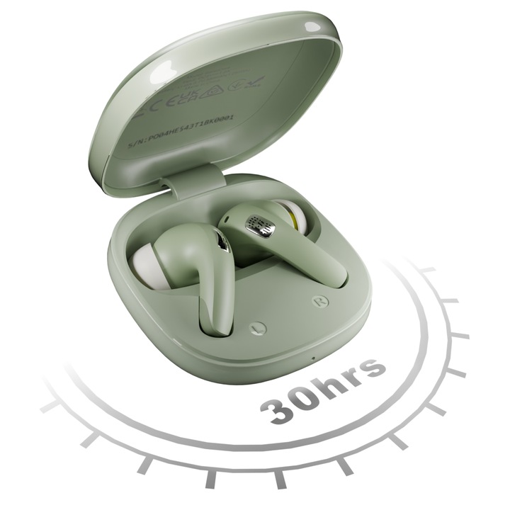 Casti wireless HiFuture Sonic Core, TWS, Anulare activa a zgomotului (ANC), Apeluri clare cu 4 Microfoane, BT 5.4, Baterie 30h, Matcha Green