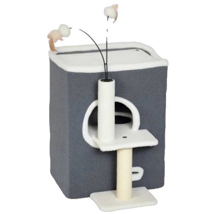 Котешка катерушка, два етажа, стълбове за драскане от сизал, сива, компактни размери