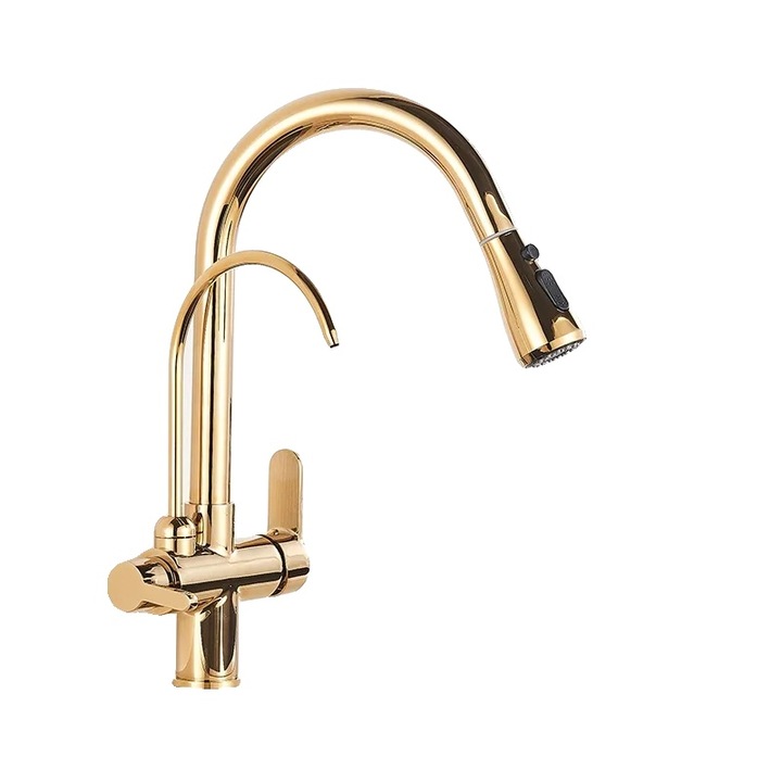 Csaptelep, 360°-ban forgatható, szálcsiszolt arany kivitel, munkalapra szerelhető, egykaros