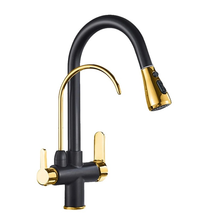 Baterie sanitara, neagra si aurie, cu duza retractabila, rotatie 360°, montare pe blatul de lucru