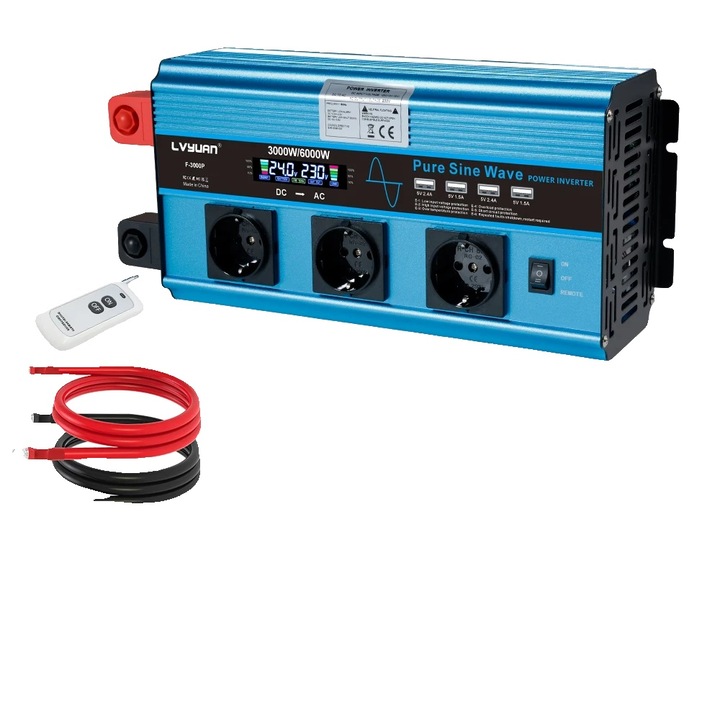 Invertor auto, 24V, 6000W, cu iesire USB, unda sinusoidala pura