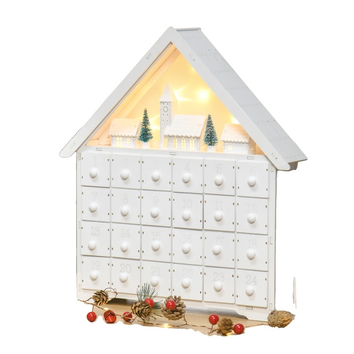 Calendar Advent de Craciun, constructie din lemn, lumini LED integrate, 39x9x42cm, set cu compartimente multiple