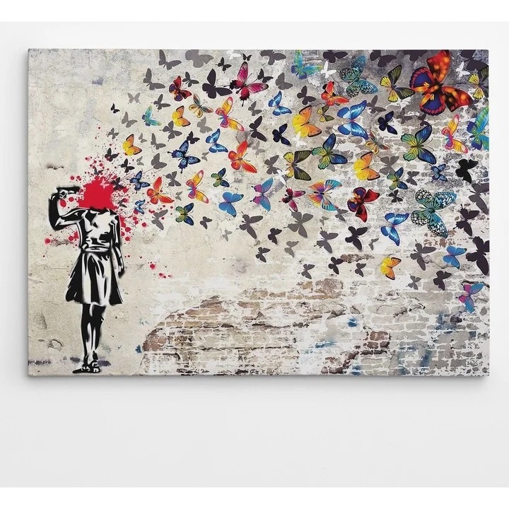 Tablou decorativ Re-Bloom, model fluturi, lemn/panza, multicolor, 50 x 70 cm