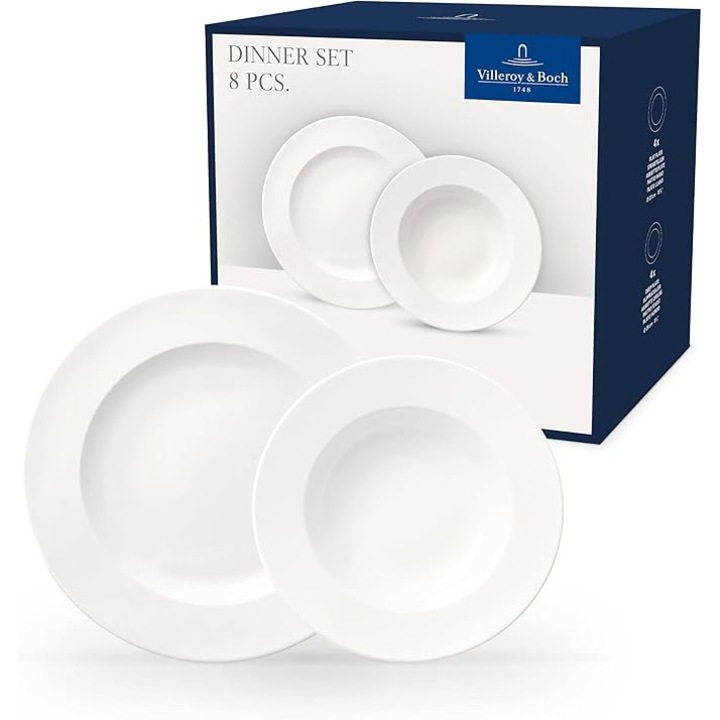 Set vesela 8 piese Villeroy & Boch For Me, portelan premium alb, farfurii dinner + supa, rezistente masina de spalat vase