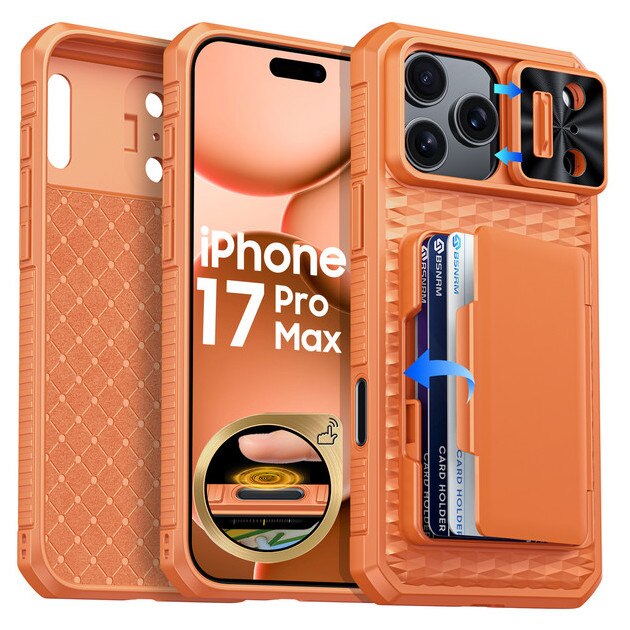 Husa pentru iPhone 17 Pro Max, Portofel cu 4 Carduri, Capac Camera Glisanta, Antisoc Rezistenta, Spate Dur, Margini Silicon, Fara Amprente, Husa cu rezistenta si durabila, Portocaliu