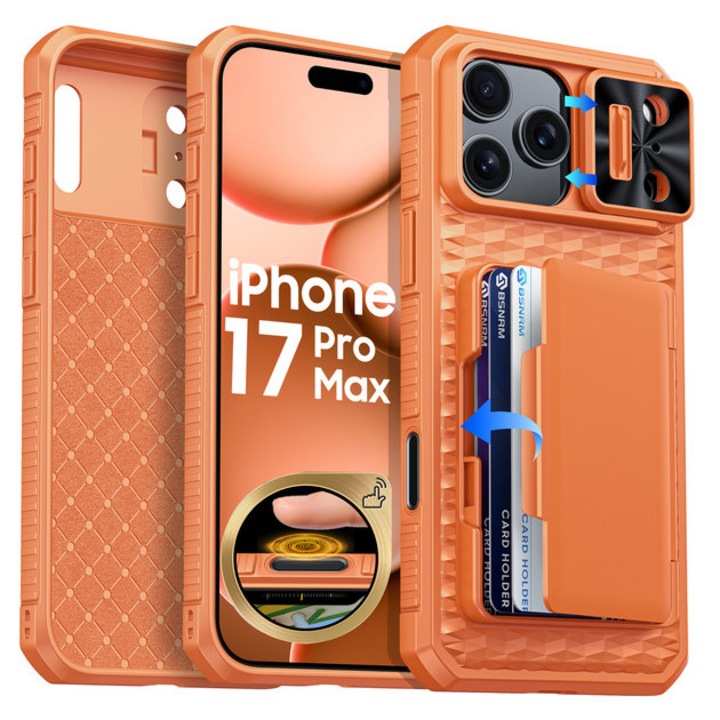 Tok iPhone 17 Pro Max készülékhez, pénztárca tok kártyanyílásokkal, RFID védelem, csúszó kamera védelem, katonai ütésálló, pontos kivágások, narancssárga