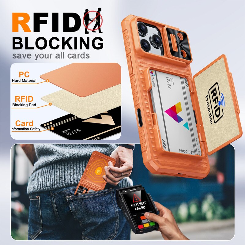 Husa pentru iPhone 17 Pro Max, Portofel cu 4 Carduri, Capac Camera Glisanta, Antisoc Rezistenta, Spate Dur, Margini Silicon, Fara Amprente, Husa cu rezistenta si durabila, Portocaliu