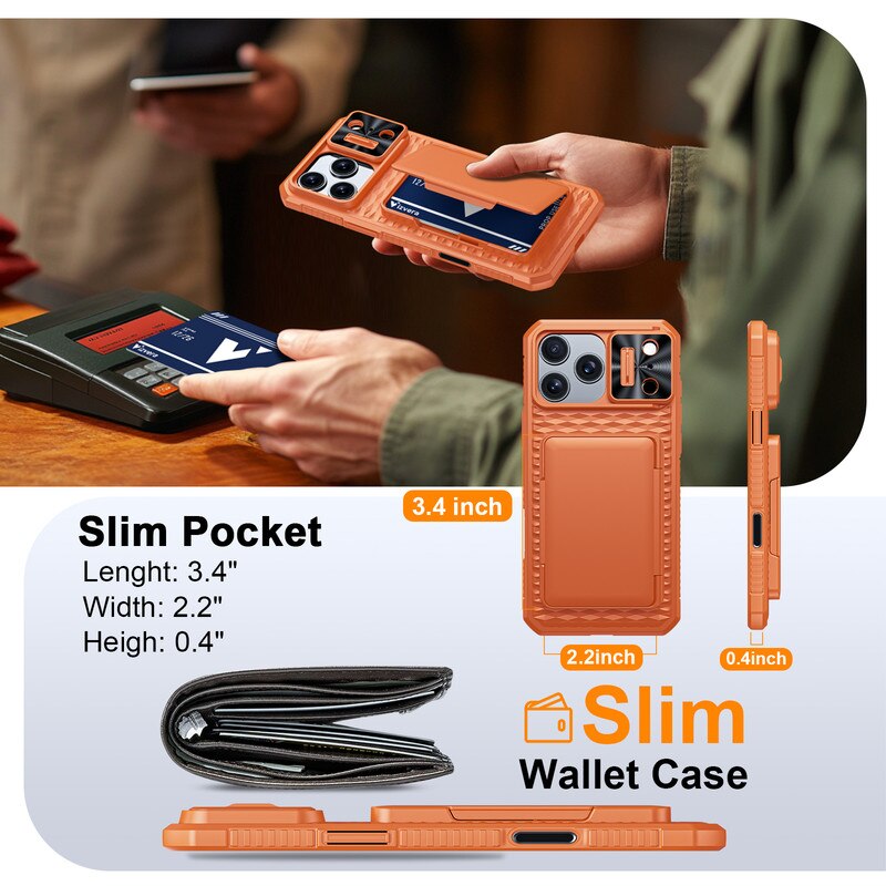Husa pentru iPhone 17 Pro Max, Portofel cu 4 Carduri, Capac Camera Glisanta, Antisoc Rezistenta, Spate Dur, Margini Silicon, Fara Amprente, Husa cu rezistenta si durabila, Portocaliu
