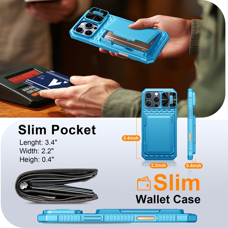 Husa pentru iPhone 16 Pro Max，Capac Glisant pentru Camera, Slot Card RFID,, Antisoc，protectie la cadere，Albastru deschis