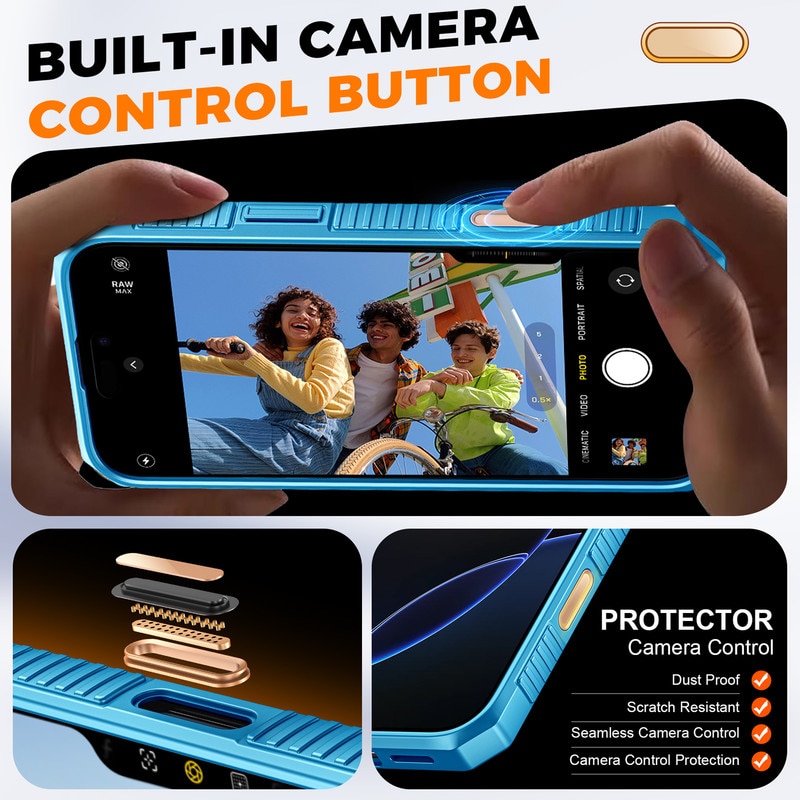 Husa pentru iPhone 16 Pro Max，Capac Glisant pentru Camera, Slot Card RFID,, Antisoc，protectie la cadere，Albastru deschis