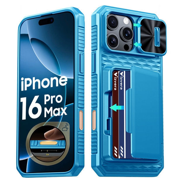 Husa pentru iPhone 16 Pro Max，Capac Glisant pentru Camera, Slot Card RFID,, Antisoc，protectie la cadere，Albastru deschis