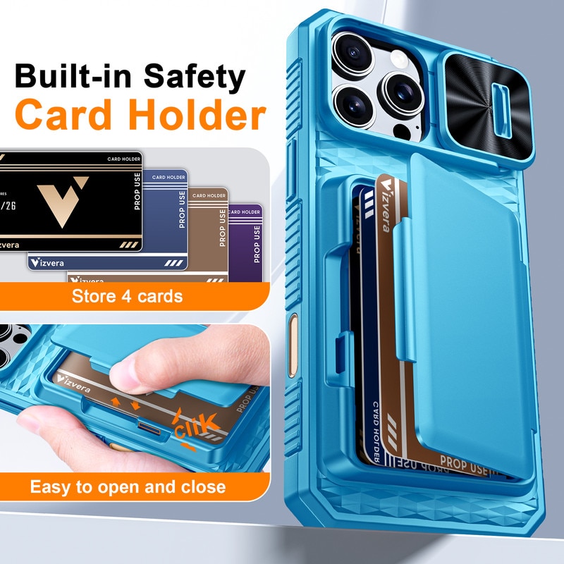 Husa pentru iPhone 16 Pro Max，Capac Glisant pentru Camera, Slot Card RFID,, Antisoc，protectie la cadere，Albastru deschis