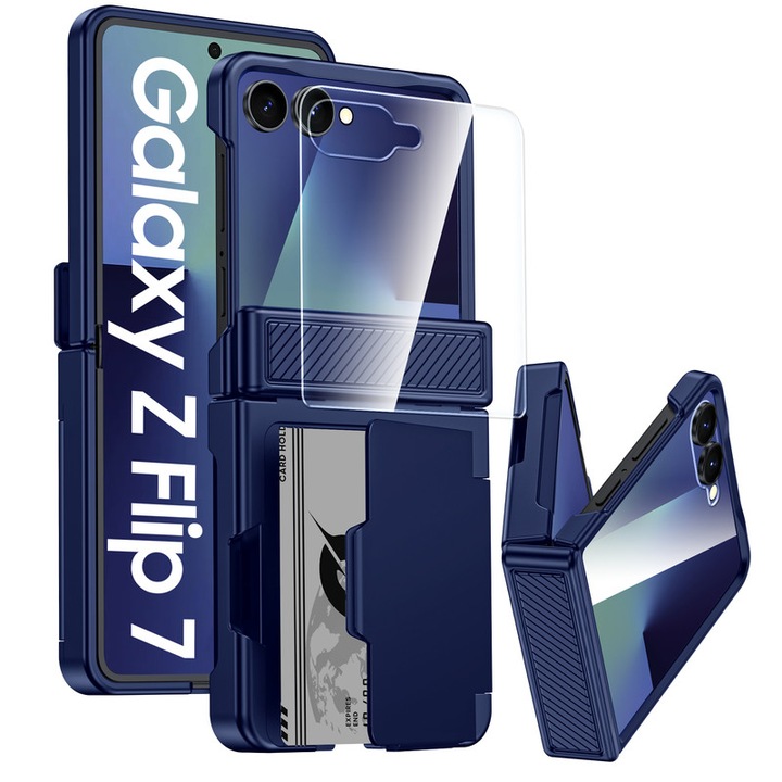 Husa telefon, pentru Samsung Galaxy Z Flip 7, cu suport pentru carduri, protectie pentru balama, protectie ecran, rezistenta la socuri, albastra