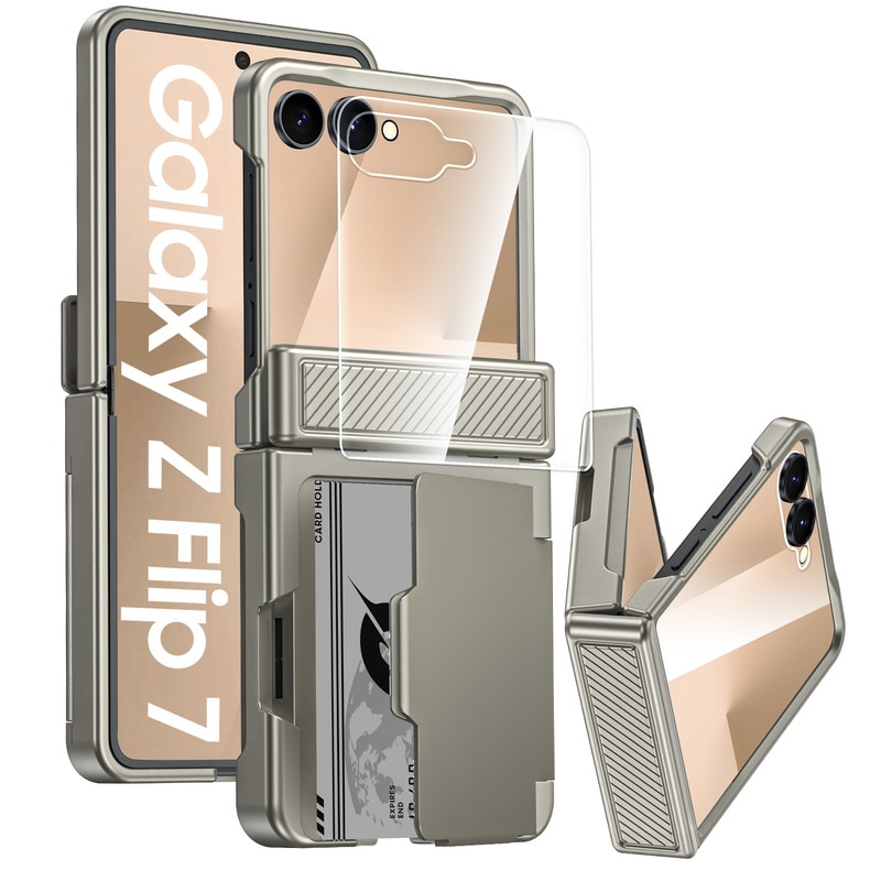 Husa telefon, pentru Samsung Galaxy Z Flip 7, cu suport pentru carduri, protectie pentru balama, protectie ecran, Titan Gray