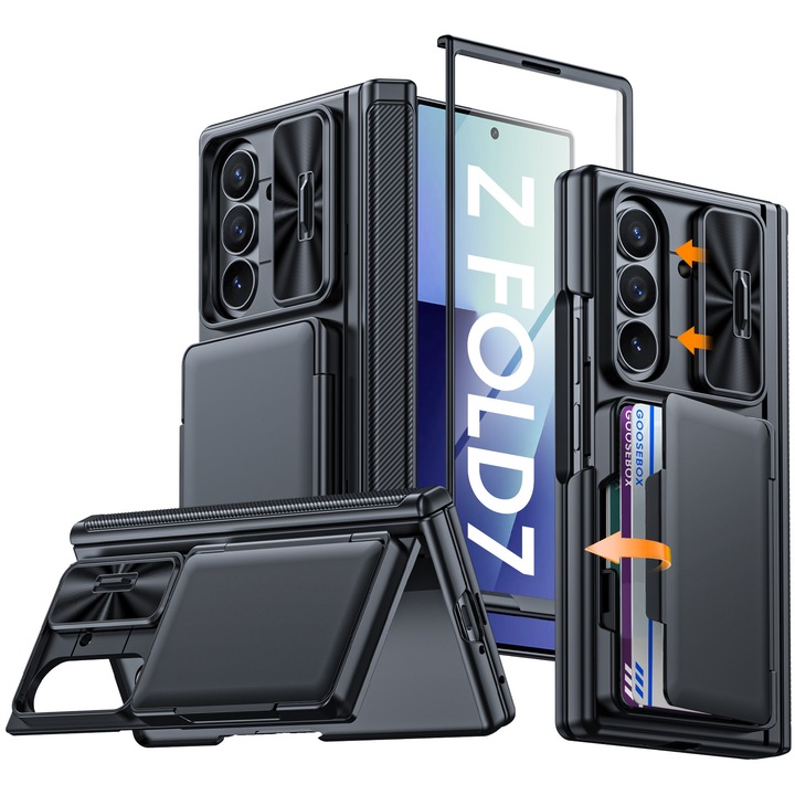 Samsung Galaxy Z Fold 7 telefontok, kártyatartóval, állvánnyal, csúszó lencsevédővel, beépített képernyővédővel, RFID, strapabíró pénztárca telefontok-fekete