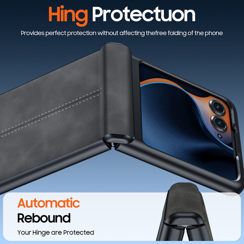 Husa pentru telefon Motorola Razr 50/60, protector de ecran incorporat si protectie pentru balamale si husa ultra subtire din piele PU, mata, rezistenta la socuri-negru