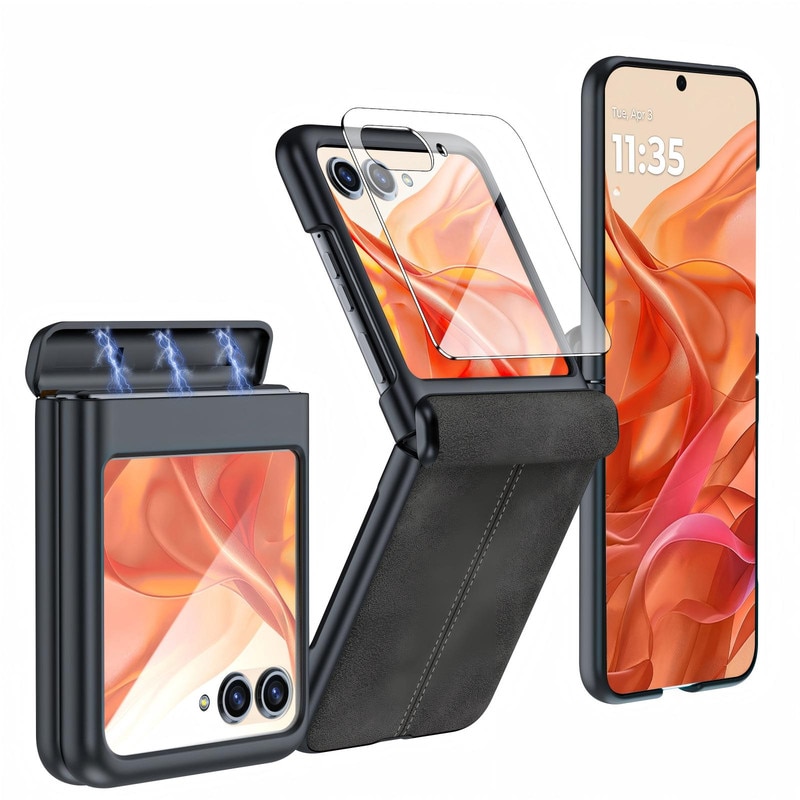 Husa pentru telefon Motorola Razr 50/60, protector de ecran incorporat si protectie pentru balamale si husa ultra subtire din piele PU, mata, rezistenta la socuri-negru