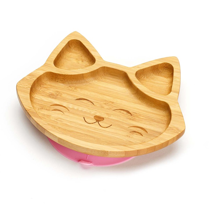 Farfurie Roz Dodoli Pisicuta cu compartimente, bambus natural, ventuza antiderapanta, 19x16cm