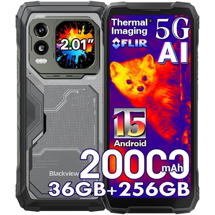 Telefon mobil Blackview XPLORE 1 Pro AI 5G Rugged Phone Android 15 ((FLIR Thermal Imaging), 20000mAh 55W 36GB +256GB Smartphone robust, 6.78" 2.4K 120Hz IP69K impermeabil NFC/OTG/WiFi, Negru