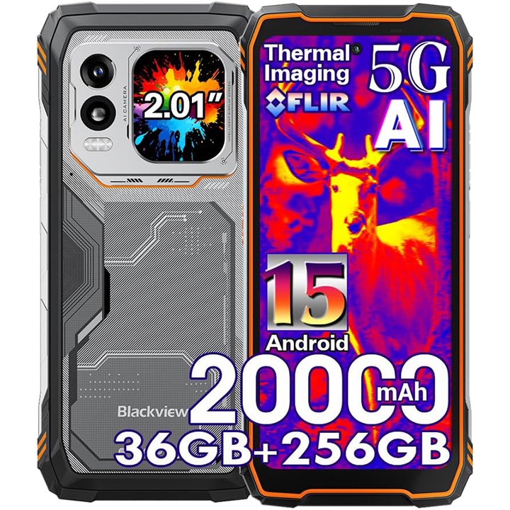 Telefon mobil Blackview XPLORE 1 Pro AI 5G Rugged Phone Android 15 ((FLIR Thermal Imaging), 20000mAh 55W 36GB +256GB robusztus okostelefon, 6.78" 2.4K 120Hz IP69K vízálló NFC/OTG/WiFi, Narancssárga