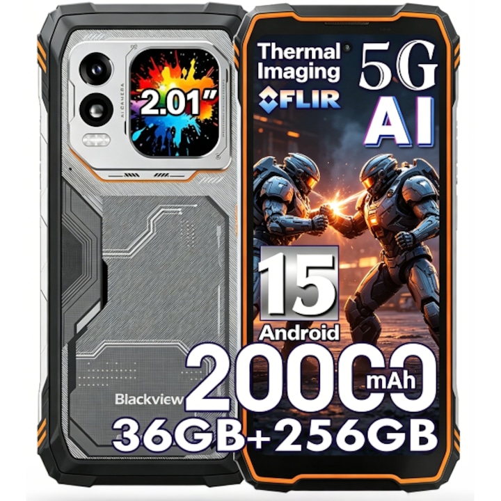 Telefon mobil Blackview XPLORE 1 Pro AI 5G Rugged Phone Android 15 ((FLIR Thermal Imaging), 20000mAh 55W 36GB +256GB Smartphone robust, 6.78" 2.4K 120Hz IP69K impermeabil NFC/OTG/WiFi, Portocaliu