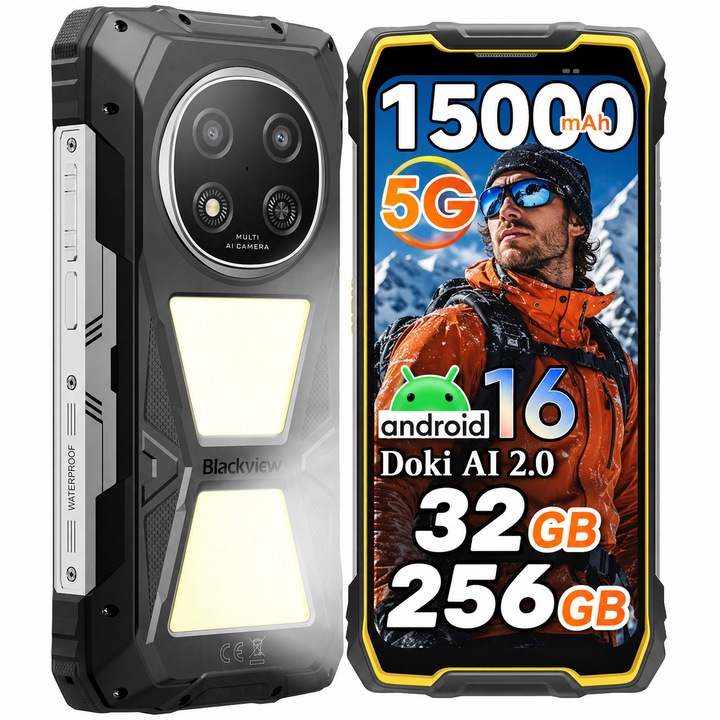 Telefon mobil Blackview ROCK 2 Pro Android 16, 8GB (8+24 expandabili) + 256GB / 512GB, baterie 15000mAh, 5G, 13MP, 6.67inch HD+ IPS 120Hz, NFC, rezistent, Galben