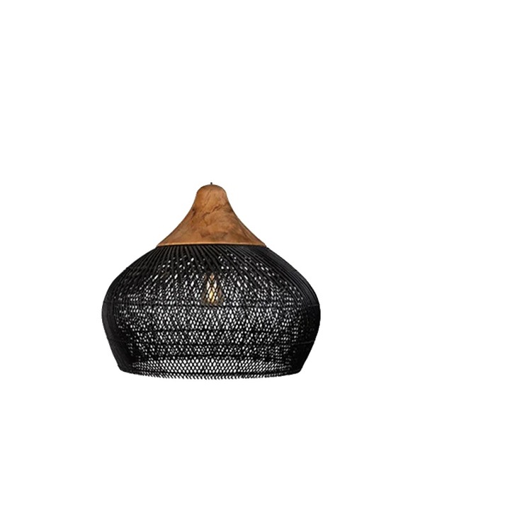 Lustra din ratan, design elegant, comutator tactil, neagra, 60cm