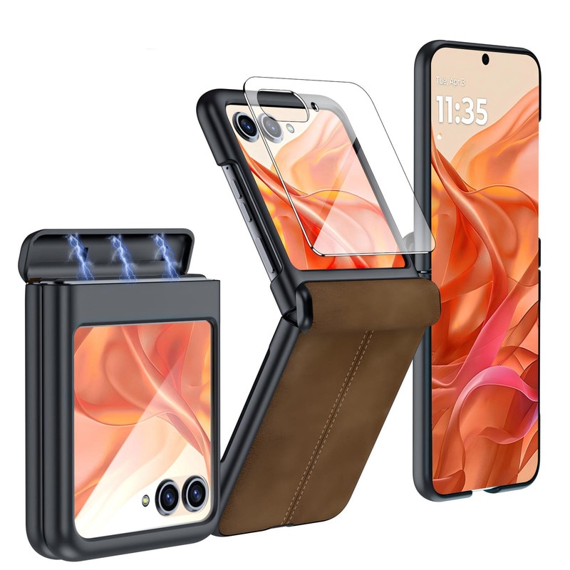 Husa pentru Motorola Razr 50/60, piele ecologica si policarbonat, protectie ecran si balama, antiscoc, Maro deschis