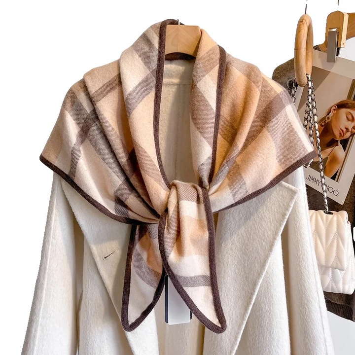 Esarfa si sal, design elegant in carouri, lungime versatila, khaki, 135x175cm