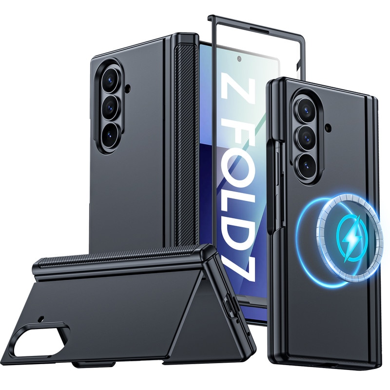 Husa pentru Samsung Galaxy Z Fold 7 cu suport, Vizvera, potrivita pentru Magsafe, protector de ecran, suport ascuns incorporat, husa subtire pentru telefon, rezistenta la socuri-negru