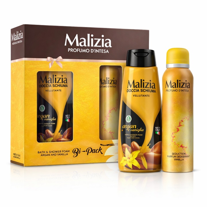 Set cadou femei Malizia Profumo D’Intesa, Argan & Vanilie – Bath & Shower Foam + Parfum Deodorant
