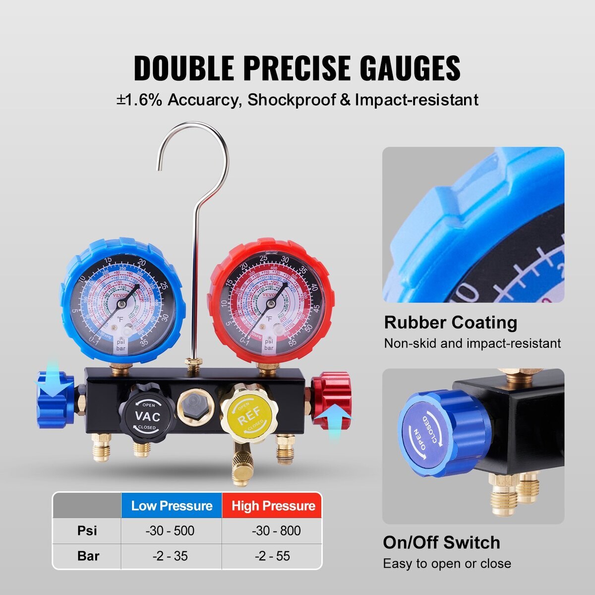 Manometre R134a Set manometre AC 4-Way VEVOR, R134A R22 R12 R410A, 5ft furtun, precizie ...