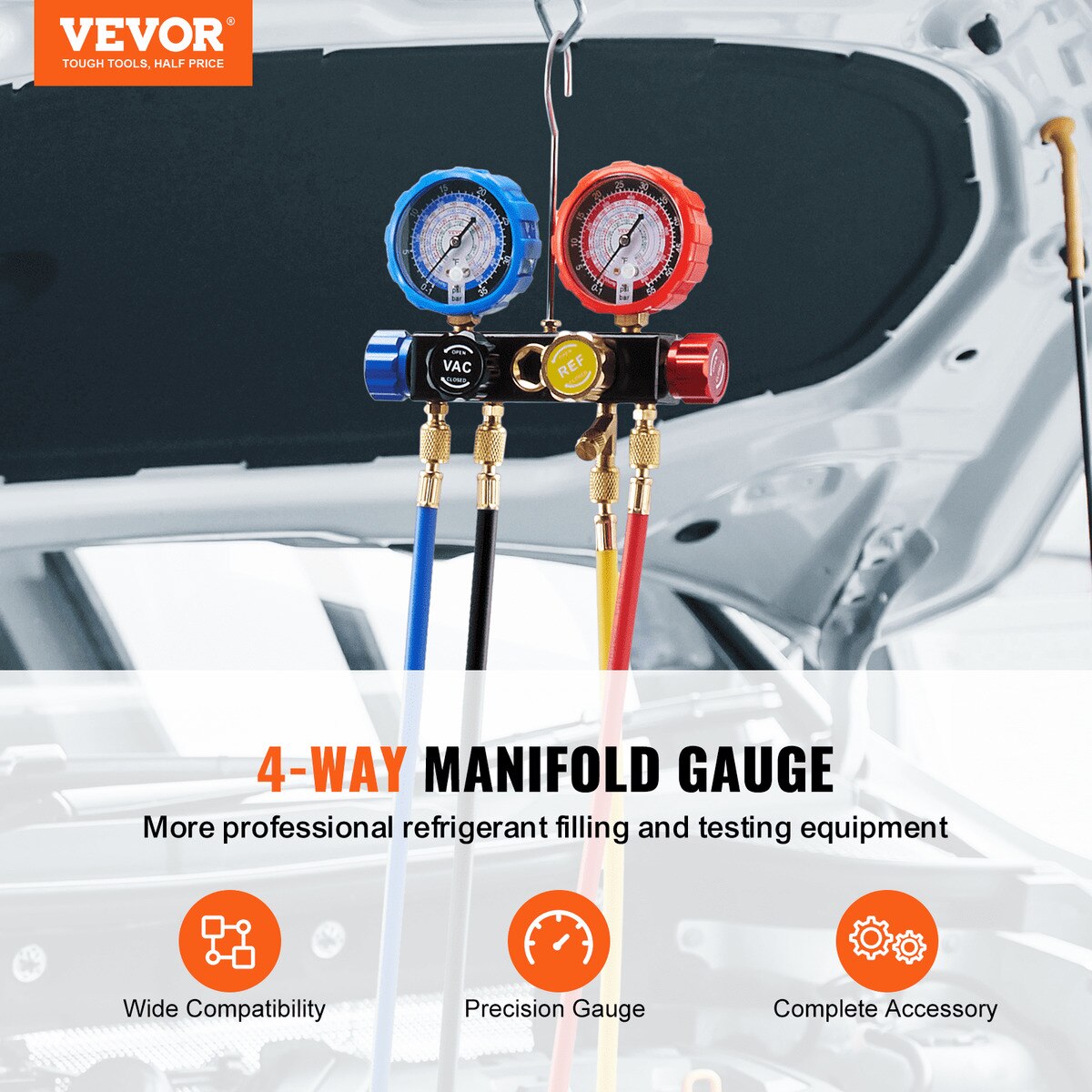 Manometre R134a Set manometre AC 4-Way VEVOR, R134A R22 R12 R410A, 5ft furtun, precizie ...