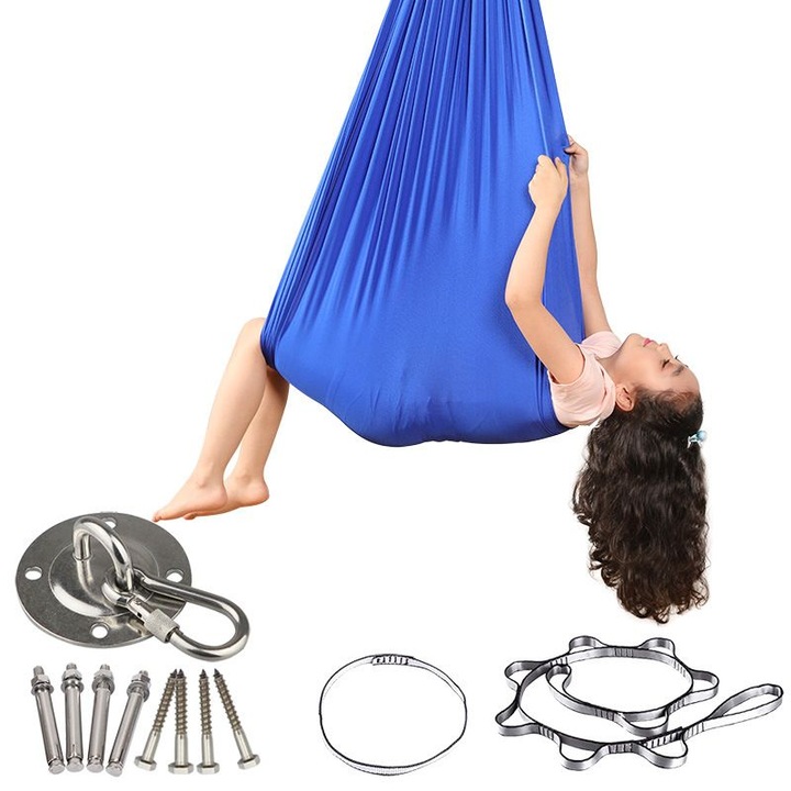 Hamac albastru, interior-exterior, cu accesorii de instalare, moale, respirabil