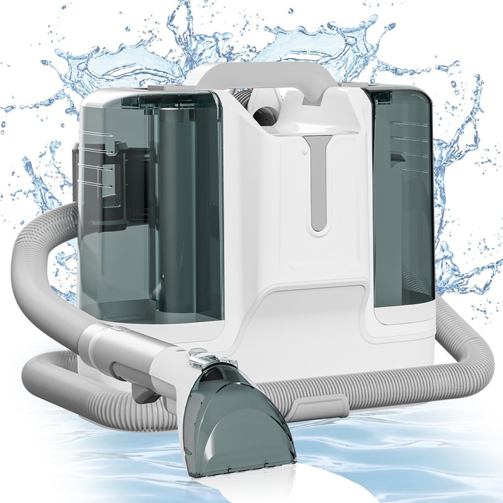 Hordozható kárpit- és szőnyegtisztító porszívó, Nagy szívóerő, 6 tartozék, Dupla tiszta/piszkos víztartály, Ideális kanapékhoz, matracokhoz, autóbelsőhöz és állati foltokhoz, Fehér