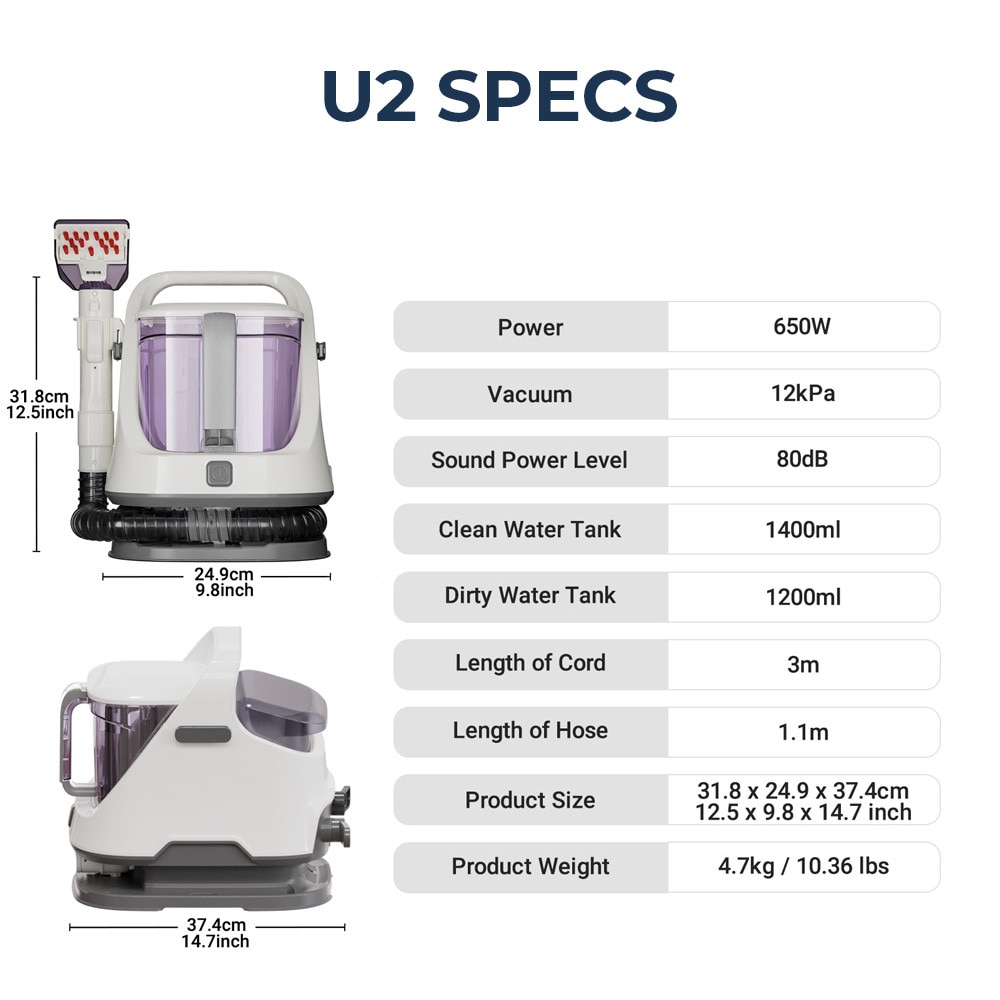Aspirator cu spalare ROUNY U2, 650W, putere aspirare 12kpa, rezervor apa & detergent 1.4L, rezervor apa murdara 1.2L, 80dB, auto clean, alb