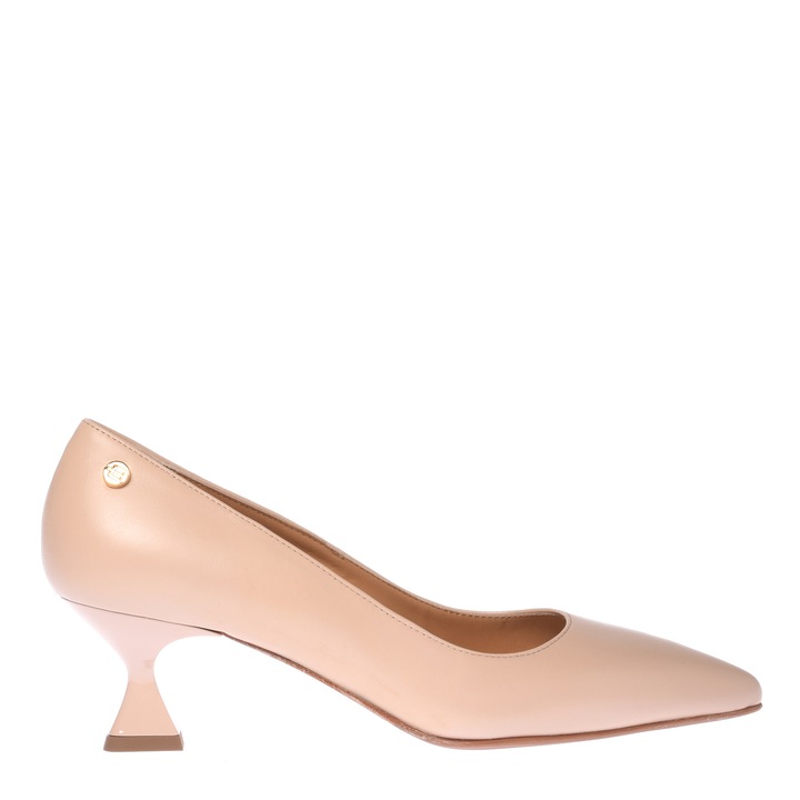 Baldinini, Pantofi de piele cu toc inalt si varf ascutit, Bej deschis