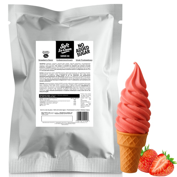 Concentrat pentru inghetata tip soft, Sansei, gust clasic de capsuni, fara zahar, 2 kg