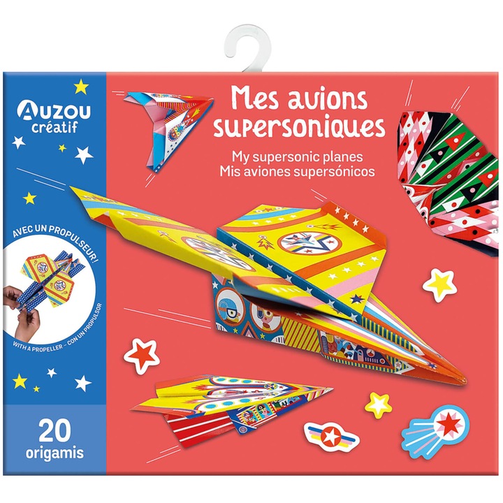 Set Activitate Auzou - Avioane Supersonice, 20 coli de hârtie origami, lansator, autocolante