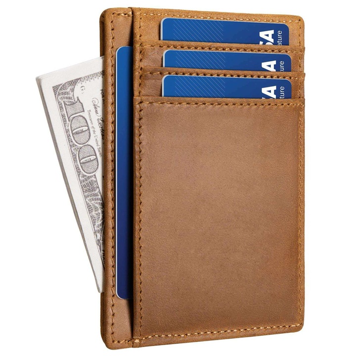 Port card talon auto, ultra-subtire, lucrat manual, Portcard de Piele Naturala, Minimalist, pentru Barbati – Design Slim, 3 Compartimente pentru Carduri si Bani, Rezistent la Uzura, 12 x 8cm, Maro