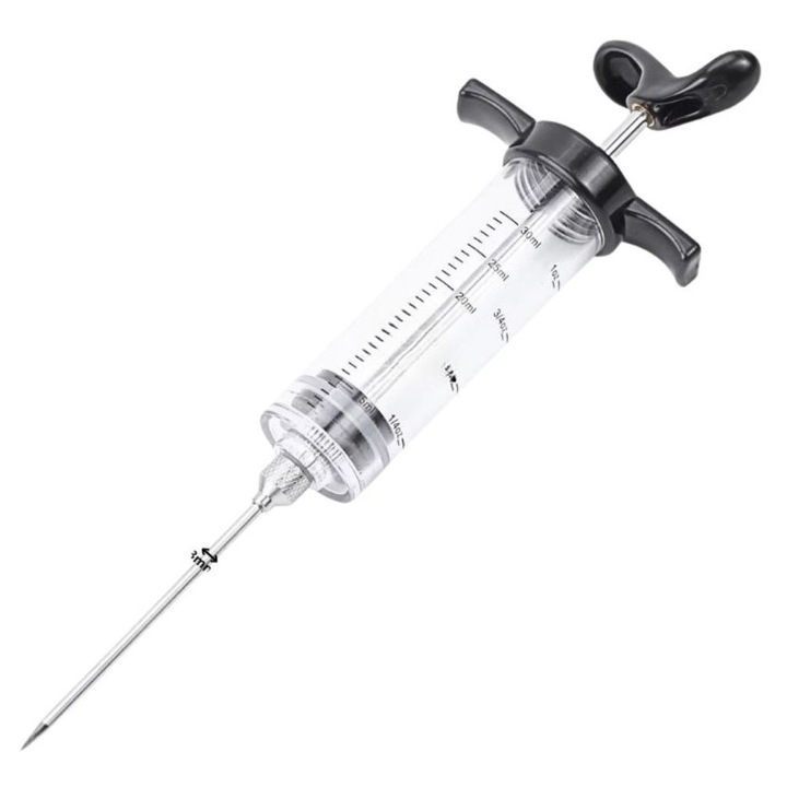 Seringa injectare carne 50 ml pentru marinare, injector marinada cu 3 ace, dozare precisa, inox si plastic