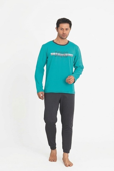 Pijamale barbati, 2 piese, bluza maneca lunga si pantaloni lungi, sleepwear, bumbac, Verde/Negru