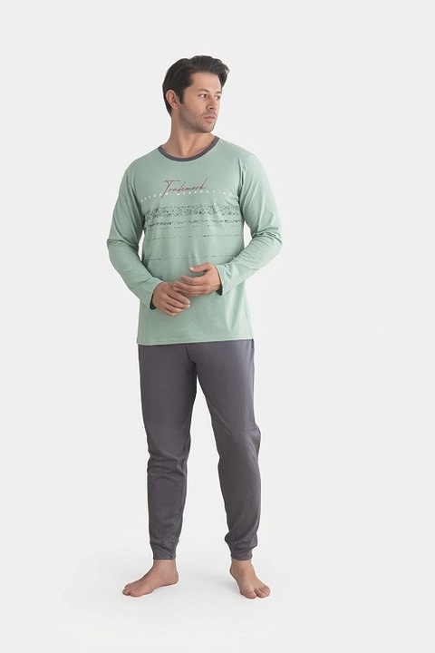 Pijamale barbati, 2 piese, bluza maneca lunga si pantaloni lungi, sleepwear, bumbac, Verde | gri