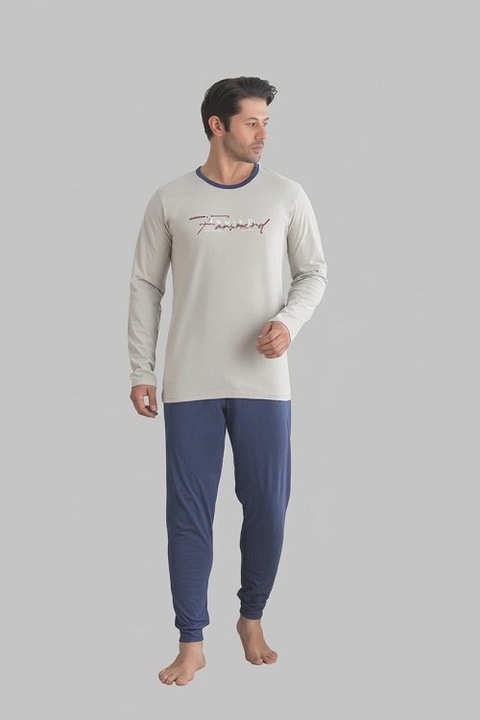 Pijamale barbati, 2 piese, bluza maneca lunga si pantaloni lungi, sleepwear, bumbac, Gri | Albastru